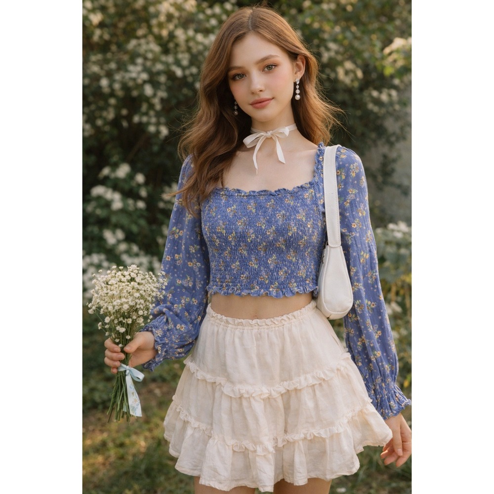 Aerie Blue Floral Smocked Crop Top Long Sleeve Square‎ Neck Juniors Large